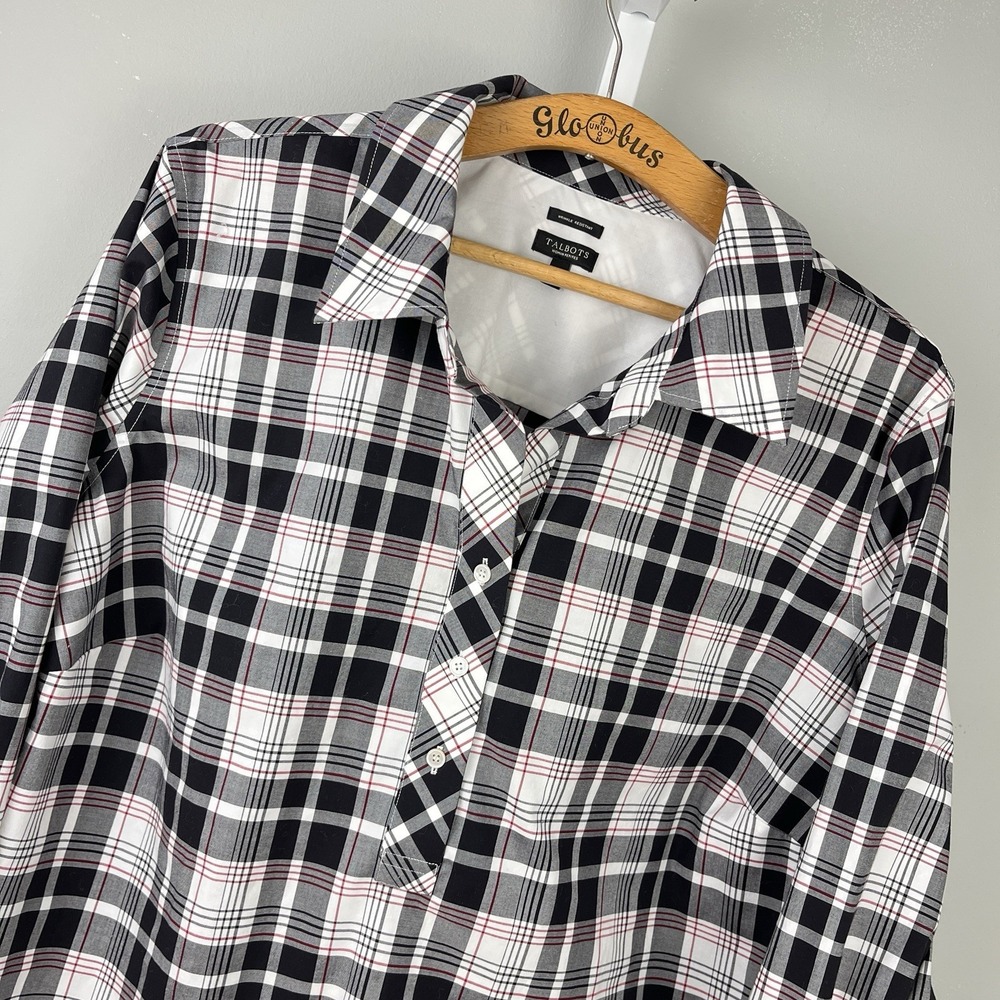 Talbots‎ Woman Petites Plaid Shirt Top Womens 22WP Black Red Popover Preppy